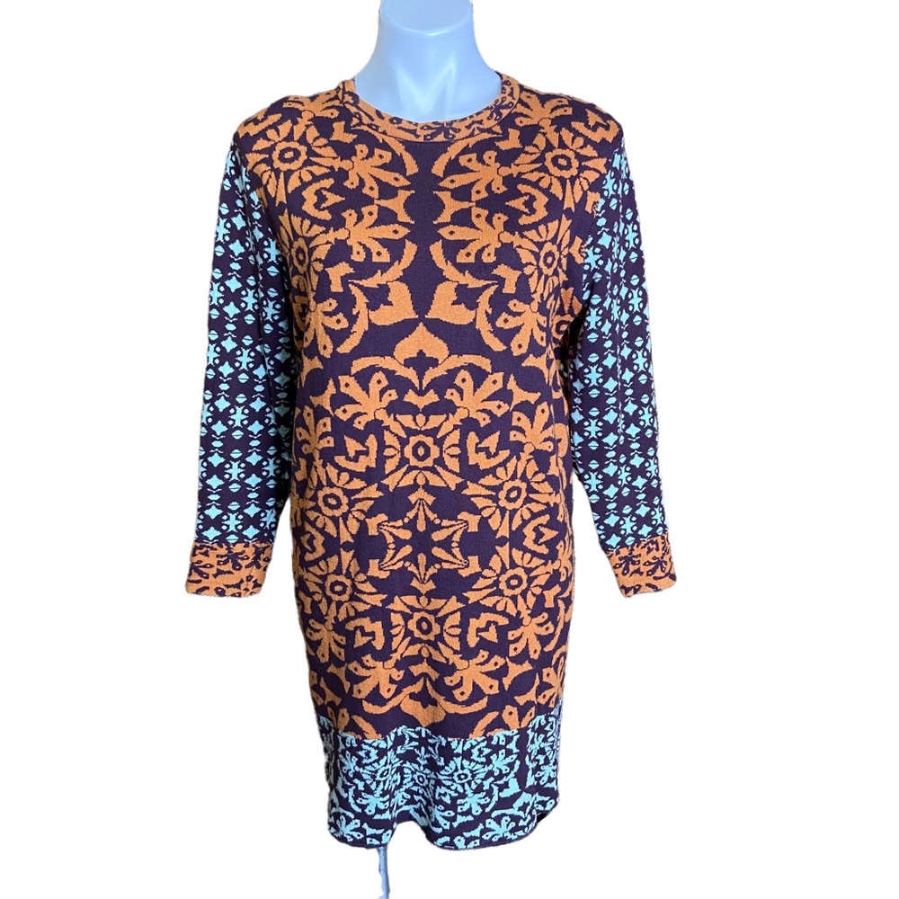 GYPSY 05 Dress Long Sleeve Knit Sweater Damask Crew Neck Orange Size XS